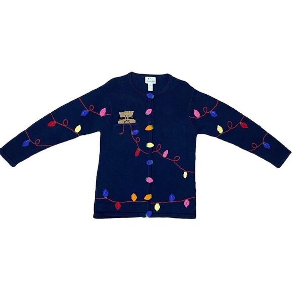 Vintage Quacker Factory Cat Holiday Christmas Light Sweater Cardigan Blue Medium - Picture 9 of 12